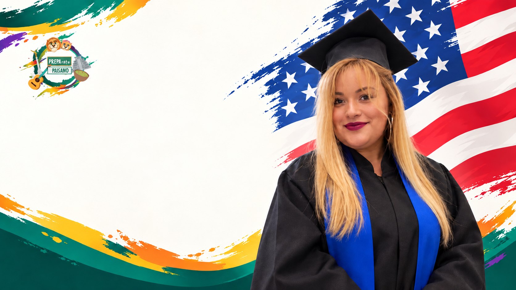 Alumna graduada frente a una bandera de Estados Unidos junto al logotipo de Prepárate Paisano.