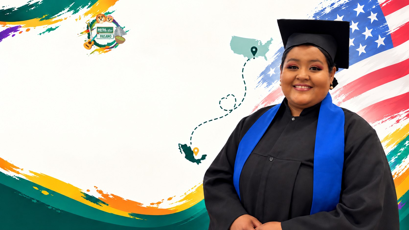 Graduada sonriente con un mapa de ruta entre México y Estados Unidos, junto al logotipo de Prepárate Paisano.